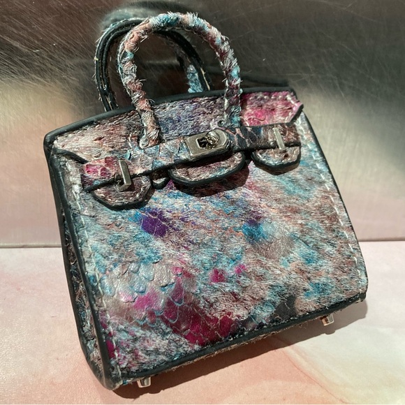 π Handmade Genuine Leather Mini Iridescent Fish Scale Birkin Tote Bag Charm - Picture 2 of 9